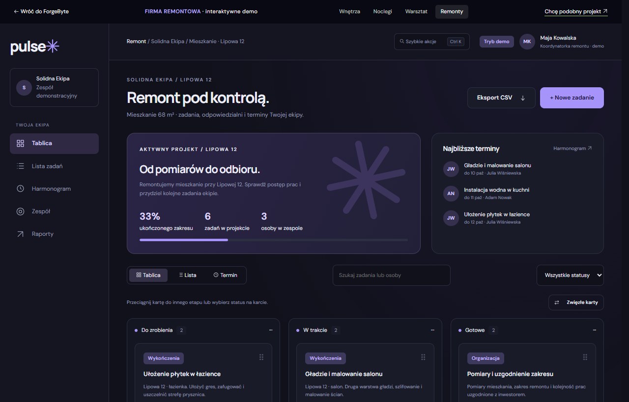 Pełny interfejs demo Pulse — remont pod kontrolą